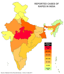 Rape statistics from National Crime Records Bureau's Crime in India 2011 report plotted on an interactive map of India. Hover over the map for detailed stats. 